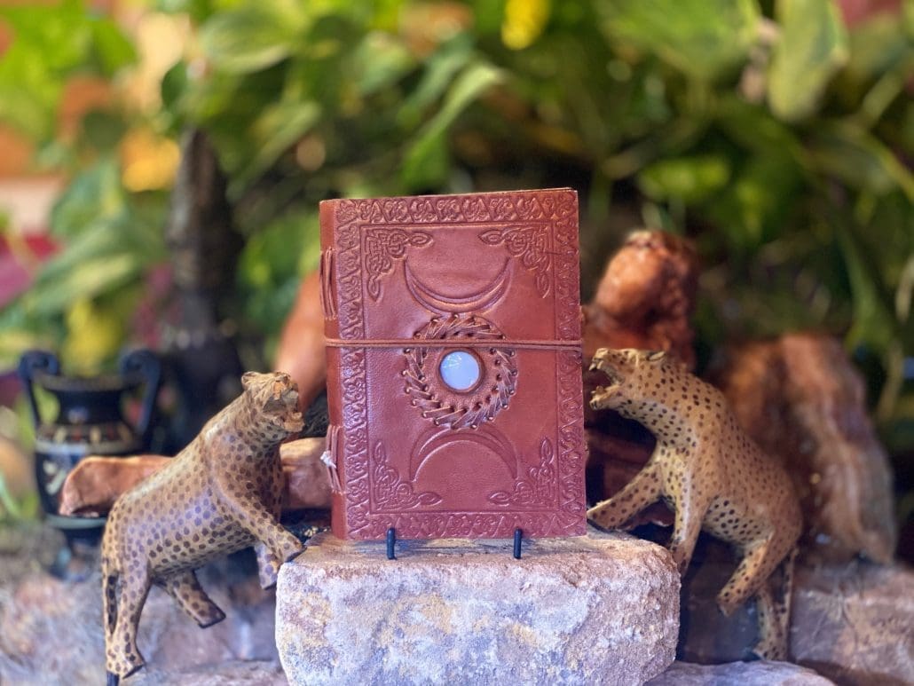 Handmade Triple Moon Opalite Inlay Embossed Leather Journal